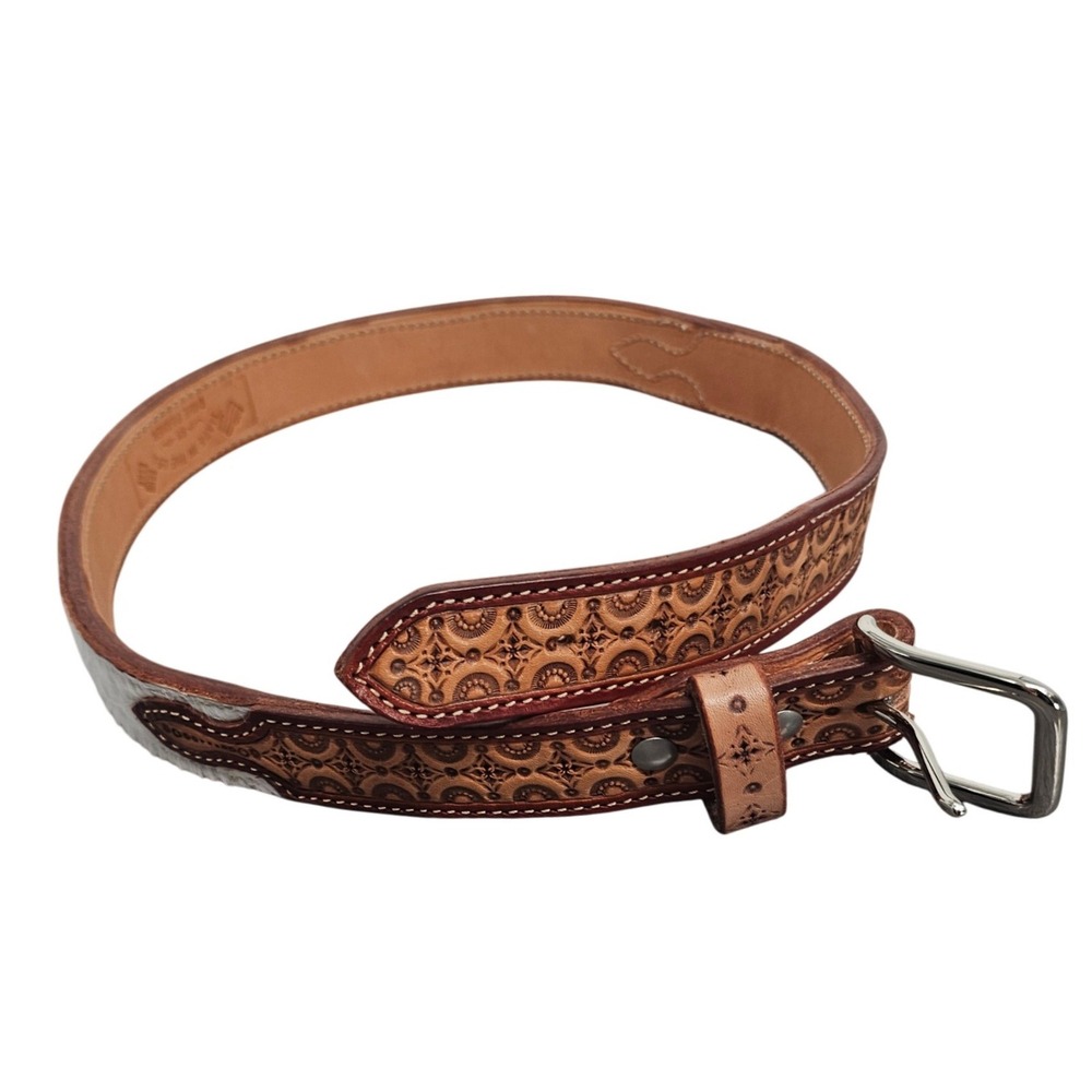 Dave Parker Tooled Leather Cowhide Western Belt Made in USA Brown Tan 36